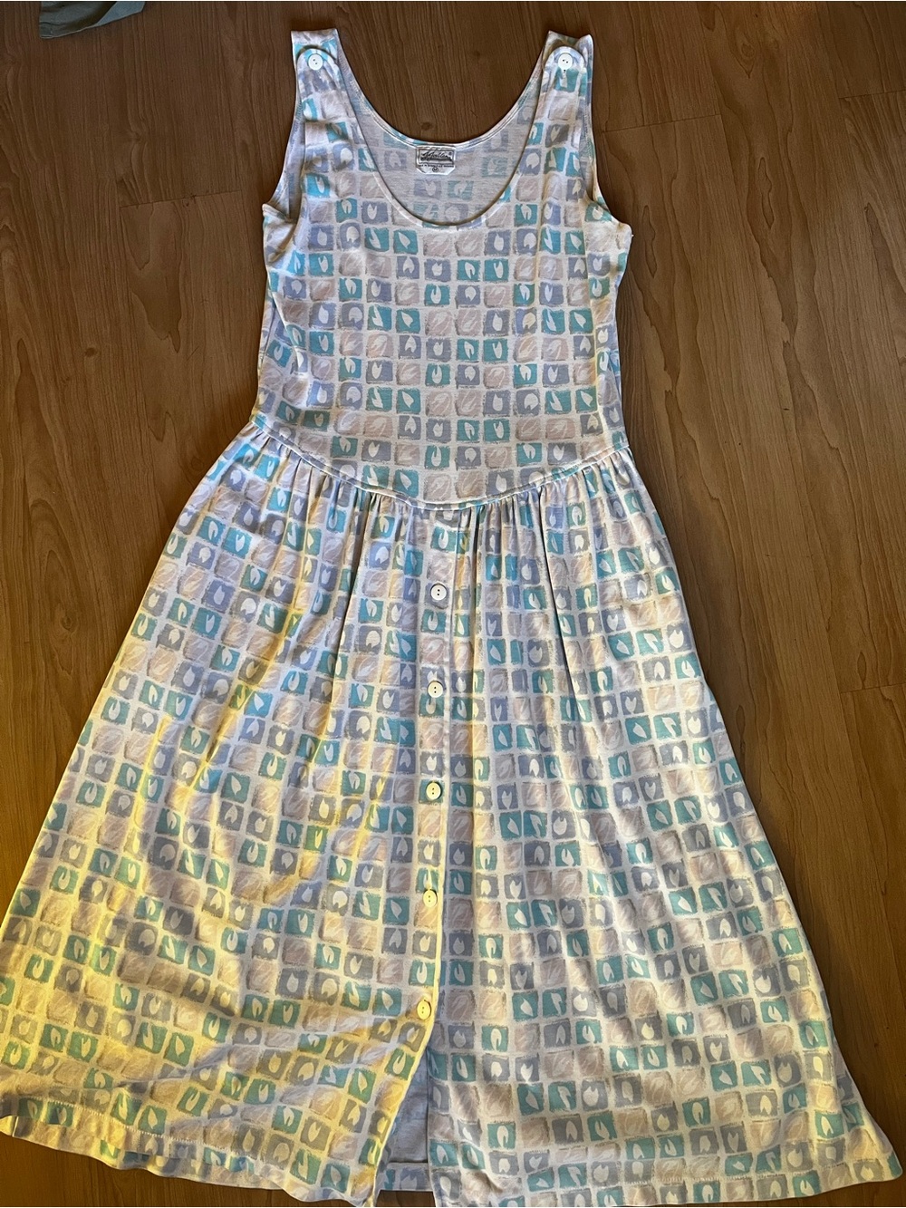 Vintage 90s sundress tulip pattern Sleeveless Button-Front Midi pastel